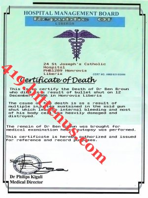 DEATH CERTIFICATE OF LATE DR BEN BROWN